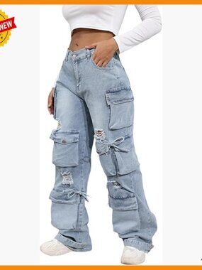 High Waist Baggy Cargo Jeans with Pockets, Streetwear Denim Pants
